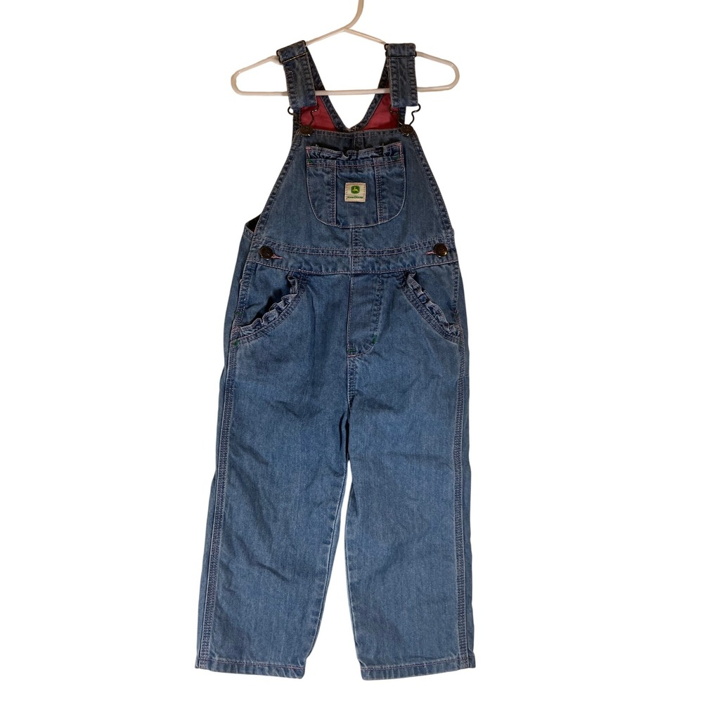 John Deere Denim‎ Overalls Girls Ruffle Trim Pockets Pink Lining Size 3T
